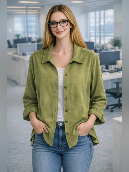 Susan Graver Tops - Susan Graver Women’s Green Long Sleeve Microsuede Button Up Top 1X Casual Career